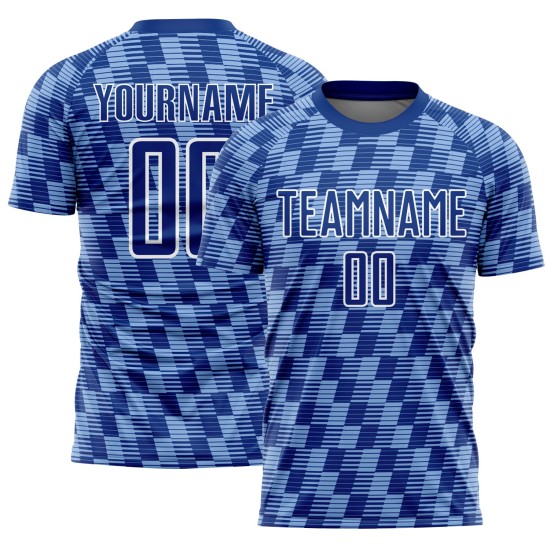 Benutzerdefiniertes Fußballtrikot mit Sublimationsdruck in Königsblau und Weiß Benutzerdefiniertes Fußballtrikot mit Sublimationsdruck in Königsblau und Weiß