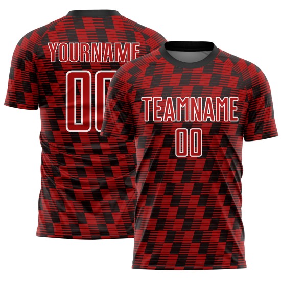 Benutzerdefiniertes schwarz-rot-weißes Sublimations-Fußballtrikot Benutzerdefiniertes schwarz-rot-weißes Sublimations-Fußballtrikot