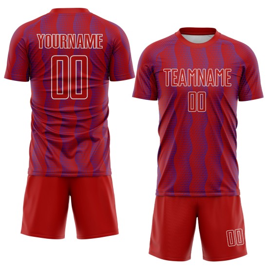 Benutzerdefiniertes rot-lila-weißes geometrisches Sublimations-Fußballtrikot Benutzerdefiniertes rot-lila-weißes geometrisches Sublimations-Fußballtrikot