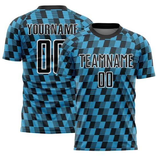 Benutzerdefiniertes Sublimations-Fußballtrikot in Schwarz, Himmelblau und Weiß Benutzerdefiniertes Sublimations-Fußballtrikot in Schwarz, Himmelblau und Weiß