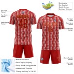 Benutzerdefiniertes rot-altgold-weißes geometrisches Sublimations-Fußballtrikot Benutzerdefiniertes rot-altgold-weißes geometrisches Sublimations-Fußballtrikot