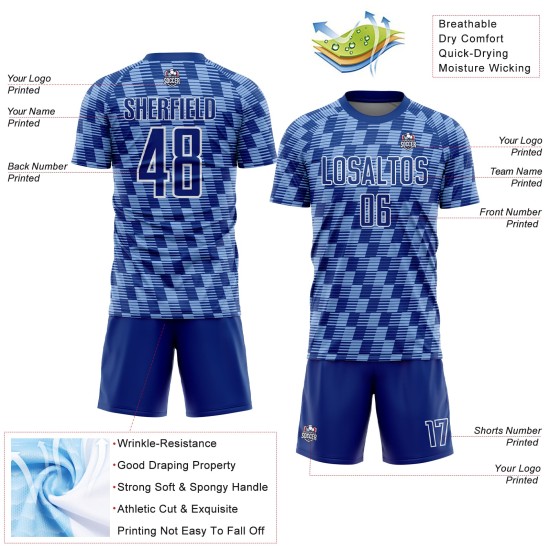 Benutzerdefiniertes Fußballtrikot mit Sublimationsdruck in Königsblau und Weiß Benutzerdefiniertes Fußballtrikot mit Sublimationsdruck in Königsblau und Weiß