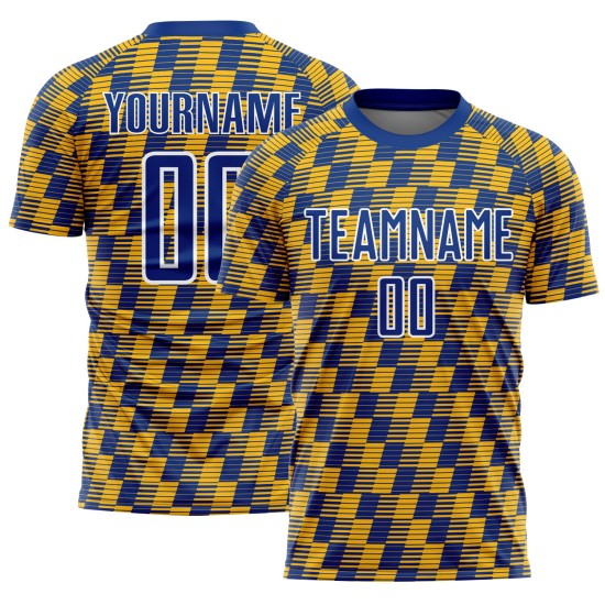 Benutzerdefiniertes Fußballtrikot mit Sublimationsdruck in Royal Gold und Weiß Benutzerdefiniertes Fußballtrikot mit Sublimationsdruck in Royal Gold und Weiß