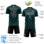 Benutzerdefiniertes Sublimations-Fußballtrikot mit schwarzer, blaugrüner und weißer Linie Benutzerdefiniertes Sublimations-Fußballtrikot mit schwarzer, blaugrüner und weißer Linie