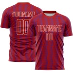 Benutzerdefiniertes rot-lila-weißes geometrisches Sublimations-Fußballtrikot Benutzerdefiniertes rot-lila-weißes geometrisches Sublimations-Fußballtrikot