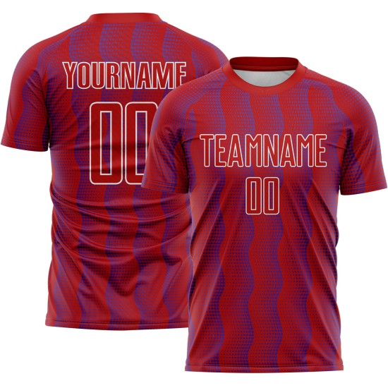 Benutzerdefiniertes rot-lila-weißes geometrisches Sublimations-Fußballtrikot Benutzerdefiniertes rot-lila-weißes geometrisches Sublimations-Fußballtrikot