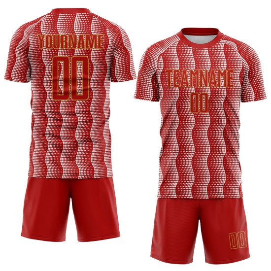 Benutzerdefiniertes rot-altgold-weißes geometrisches Sublimations-Fußballtrikot Benutzerdefiniertes rot-altgold-weißes geometrisches Sublimations-Fußballtrikot