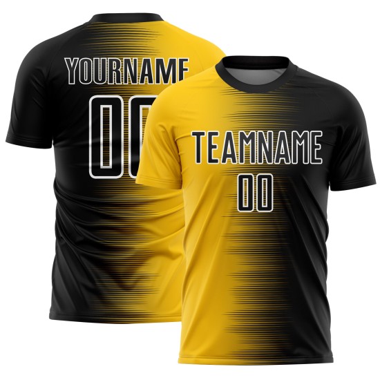 Benutzerdefinierte schwarz gelb-weiß Gradienten Linie Sublimation Fußball Uniform Trikot Benutzerdefinierte schwarz gelb-weiß Gradienten Linie Sublimation Fußball Uniform Trikot