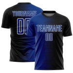 Benutzerdefiniertes schwarz-königsblau-weißes Sublimations-Fußballtrikot mit Farbverlauf Benutzerdefiniertes schwarz-königsblau-weißes Sublimations-Fußballtrikot mit Farbverlauf