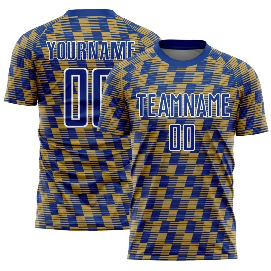 Benutzerdefiniertes Royal Old Gold-White Line Sublimation Fußballuniform-Trikot Benutzerdefiniertes Royal Old Gold-White Line Sublimation Fußballuniform-Trikot