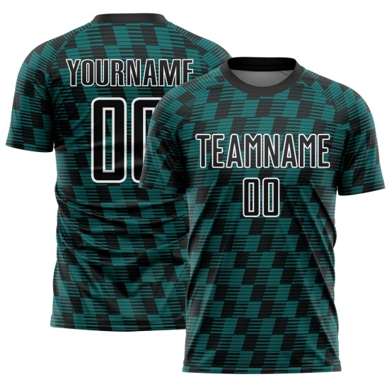 Benutzerdefiniertes Sublimations-Fußballtrikot mit schwarzer, blaugrüner und weißer Linie Benutzerdefiniertes Sublimations-Fußballtrikot mit schwarzer, blaugrüner und weißer Linie