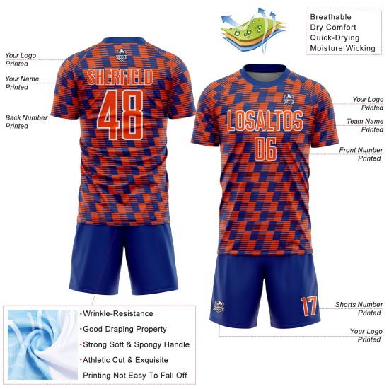 Benutzerdefiniertes Fußballtrikot mit Sublimationsdruck in Königsblau und Weiß Benutzerdefiniertes Fußballtrikot mit Sublimationsdruck in Königsblau und Weiß