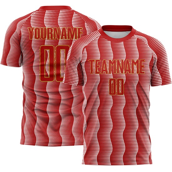 Benutzerdefiniertes rot-altgold-weißes geometrisches Sublimations-Fußballtrikot Benutzerdefiniertes rot-altgold-weißes geometrisches Sublimations-Fußballtrikot
