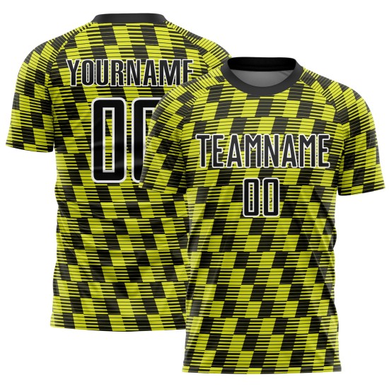 Benutzerdefiniertes Sublimations-Fußballtrikot in Schwarz und Neongelb mit weißer Linie Benutzerdefiniertes Sublimations-Fußballtrikot in Schwarz und Neongelb mit weißer Linie