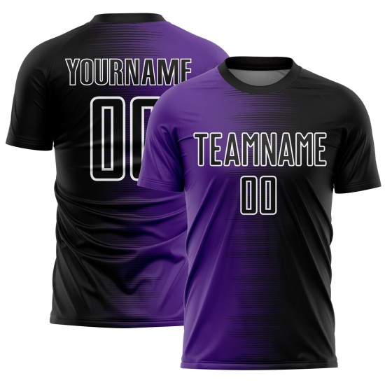 Benutzerdefinierte schwarz lila-weiß Gradienten Linie Sublimation Fußball Uniform Trikot Benutzerdefinierte schwarz lila-weiß Gradienten Linie Sublimation Fußball Uniform Trikot
