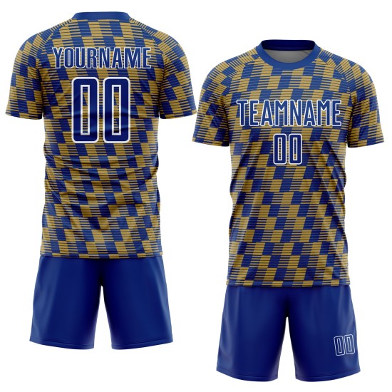 Benutzerdefiniertes Royal Old Gold-White Line Sublimation Fußballuniform-Trikot Benutzerdefiniertes Royal Old Gold-White Line Sublimation Fußballuniform-Trikot