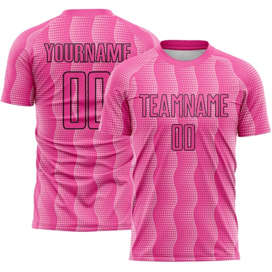 Benutzerdefiniertes rosa hellrosa-schwarzes geometrisches Sublimations-Fußballuniformtrikot Benutzerdefiniertes rosa hellrosa-schwarzes geometrisches Sublimations-Fußballuniformtrikot