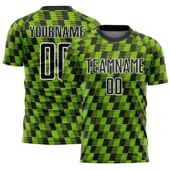 Benutzerdefiniertes schwarz-neongrün-weißes Sublimations-Fußballtrikot Benutzerdefiniertes schwarz-neongrün-weißes Sublimations-Fußballtrikot
