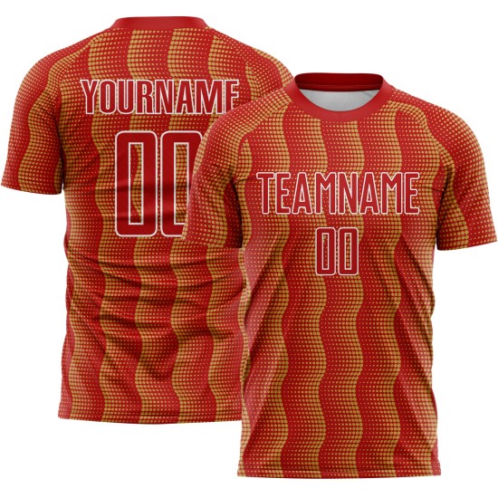 Benutzerdefiniertes rot-altgold-weißes geometrisches Sublimations-Fußballtrikot Benutzerdefiniertes rot-altgold-weißes geometrisches Sublimations-Fußballtrikot